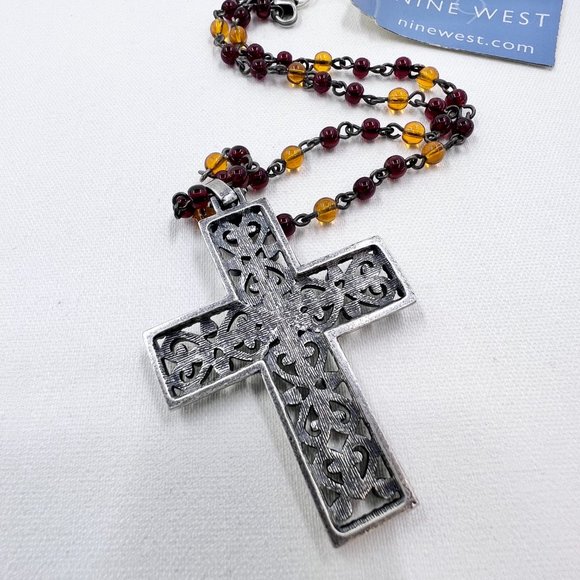 NWT - Nine West - Jeweled Heart Cross Silver Tone Red & Yellow Beaded 14” Choker - Picture 5 of 8